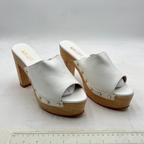 miss left White Platform Chunky High Heel Mules Open Toe Studded Slide Sandals - Picture 4 of 8